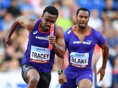 Tyquendo Tracey receives the baton from Yohan Blake during the men's 4x100m at the Continental Cup in Ostrava on Sept 8, 2018. Photo by Getty Images for IAAF'