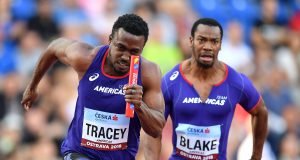 Tyquendo Tracey receives the baton from Yohan Blake during the men's 4x100m at the Continental Cup in Ostrava on Sept 8, 2018. Photo by Getty Images for IAAF'