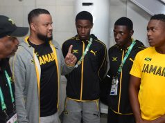 President and CEO of the JOA, Christopher Samuda and Ryan Foster arrived in Buenos Aires, Argentina. They are pictured here chatting with members of male team ahead of the Youth Olympic Games in Buenos Aires, Argentina ----- Photo by Collin Reid courtesy JOA