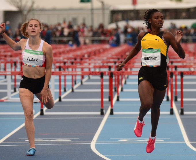 Ackera Nugent wins her heat of the 100m hurdles for girls in 13.46 ahead of Johanna Plank at the Youth Olympics Games in Argentina on Thursday, October 11, 2018. She holds the third fastest time of the three heats.