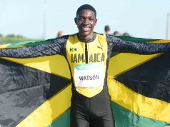 Antonio watson celebrates with his silver medal performance at the Youth Olympic Games in Buenos Aires, Argentina on Tuesday, 16 October 2018. He ran 21.08 in stage two 200m final.