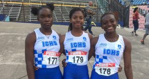 Immaculate sprinters, from left, Chanel Honeywell, Gabrielle Lyn and Onanda Lowe, were 5th (12.55), 4th (12.54) and 3rd (12.43) respectively in the U17 girls 100m final #CariftaGamesTrials2019
