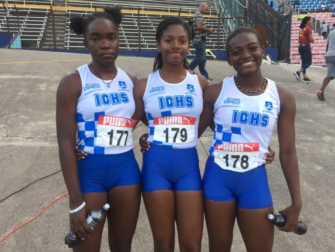 Immaculate sprinters, from left, Chanel Honeywell, Gabrielle Lyn and Onanda Lowe, were 5th (12.55), 4th (12.54) and 3rd (12.43) respectively in the U17 girls 100m final #CariftaGamesTrials2019