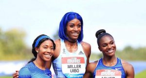 Miller-Uibo poses with Shelly-Ann Fraser-Pryce and Dina Asher-Smith