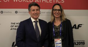 IAAF President Sebastian Coe and IAAF Vice President Ximena Restrepo pose together after talking to the media during a IAAF press conference prior to the 17th IAAF World Athletics Championships Doha 2019 on September 25, 2019 in Doha, Qatar.