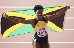 Rushell Clayton celebrates bronze in Doha 2019 Oregon22