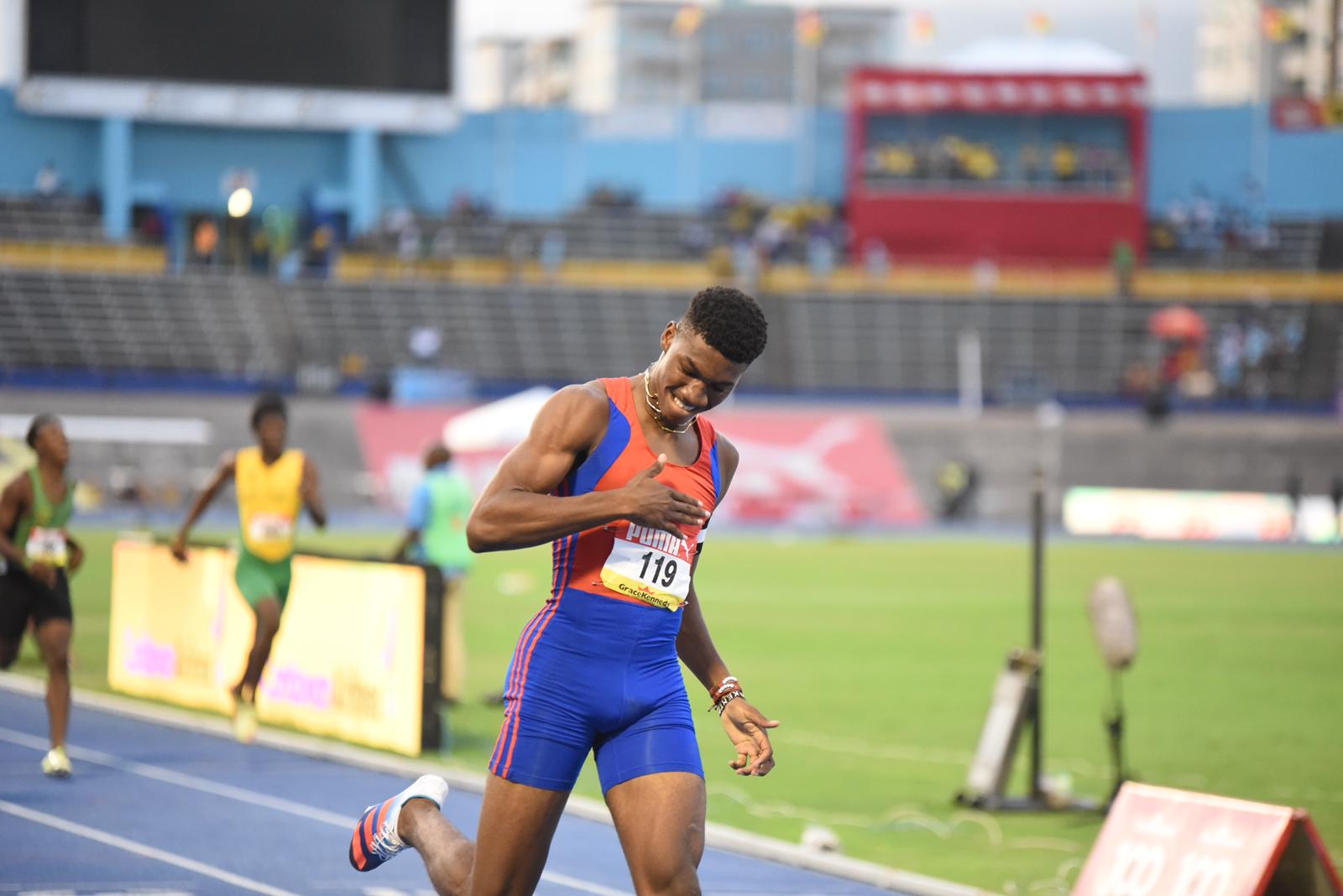 Roshawn Clarke of Camperdown High wins the Class 1 boys' 400m hurdles in a record 49.50