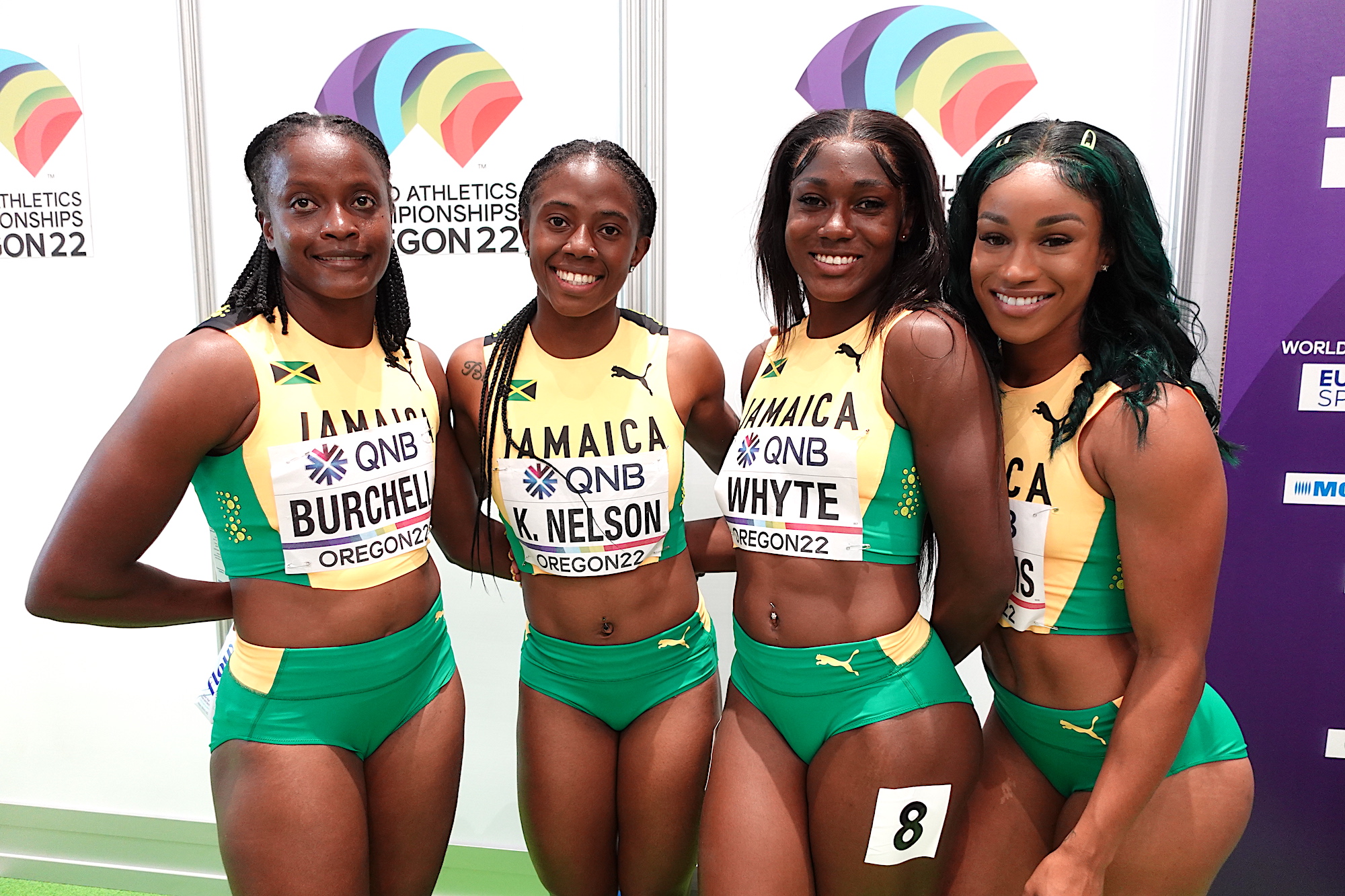 Briana Williams, Natalliah Whyte, Remona Burchell and Kemba Nelson made up the Jamaican team for the heats Oregon22