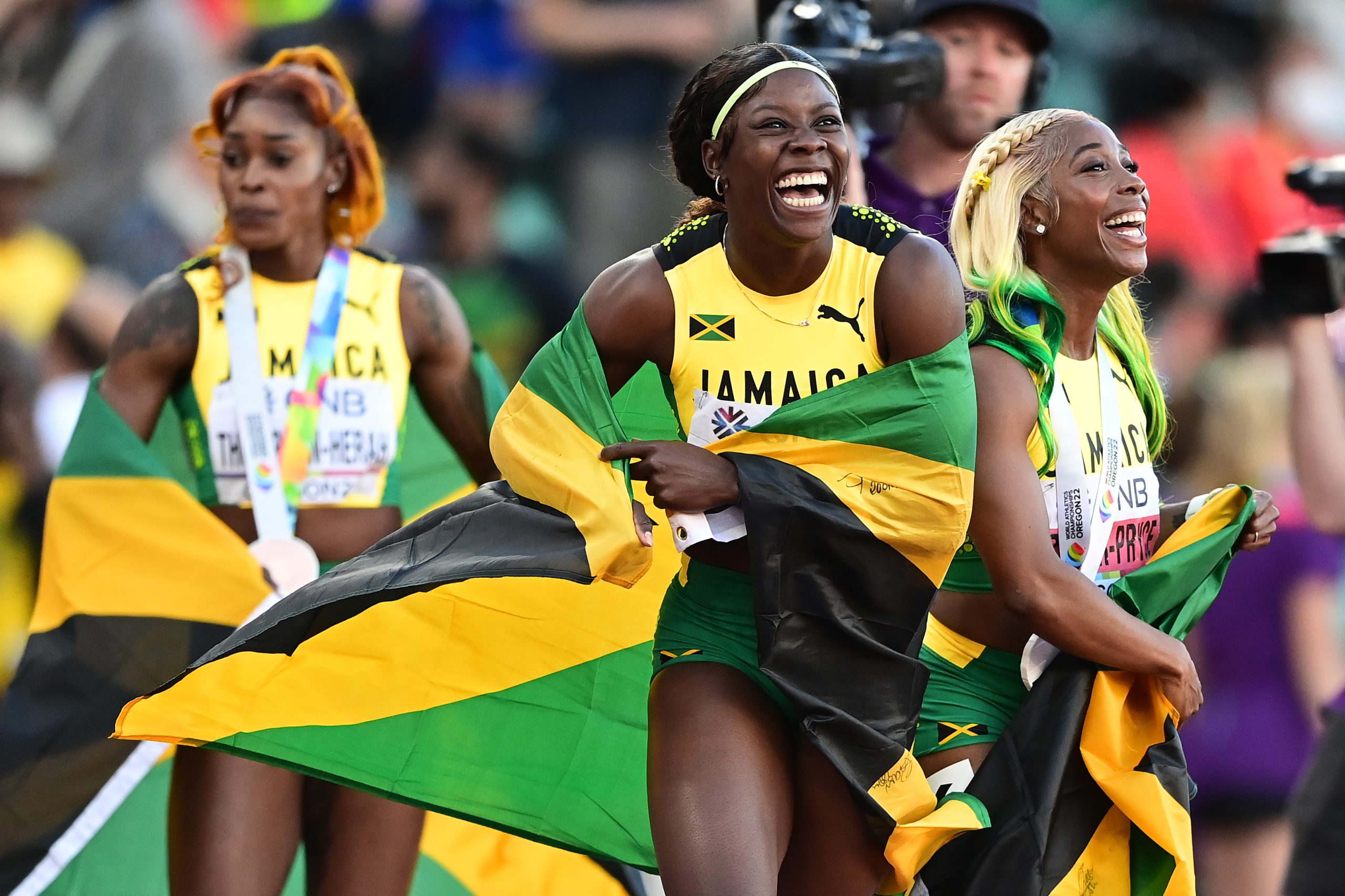 Brussels Diamond League, Budapest 23 now ... Jamaican athletes, left to right, Elaine Thompson-Herah, Shericka Jackson and Shelly-Ann Fraser-Pryce celebrate their 1-2-3 finish in the women's 100m final at Oregon22 World Athletics Championships