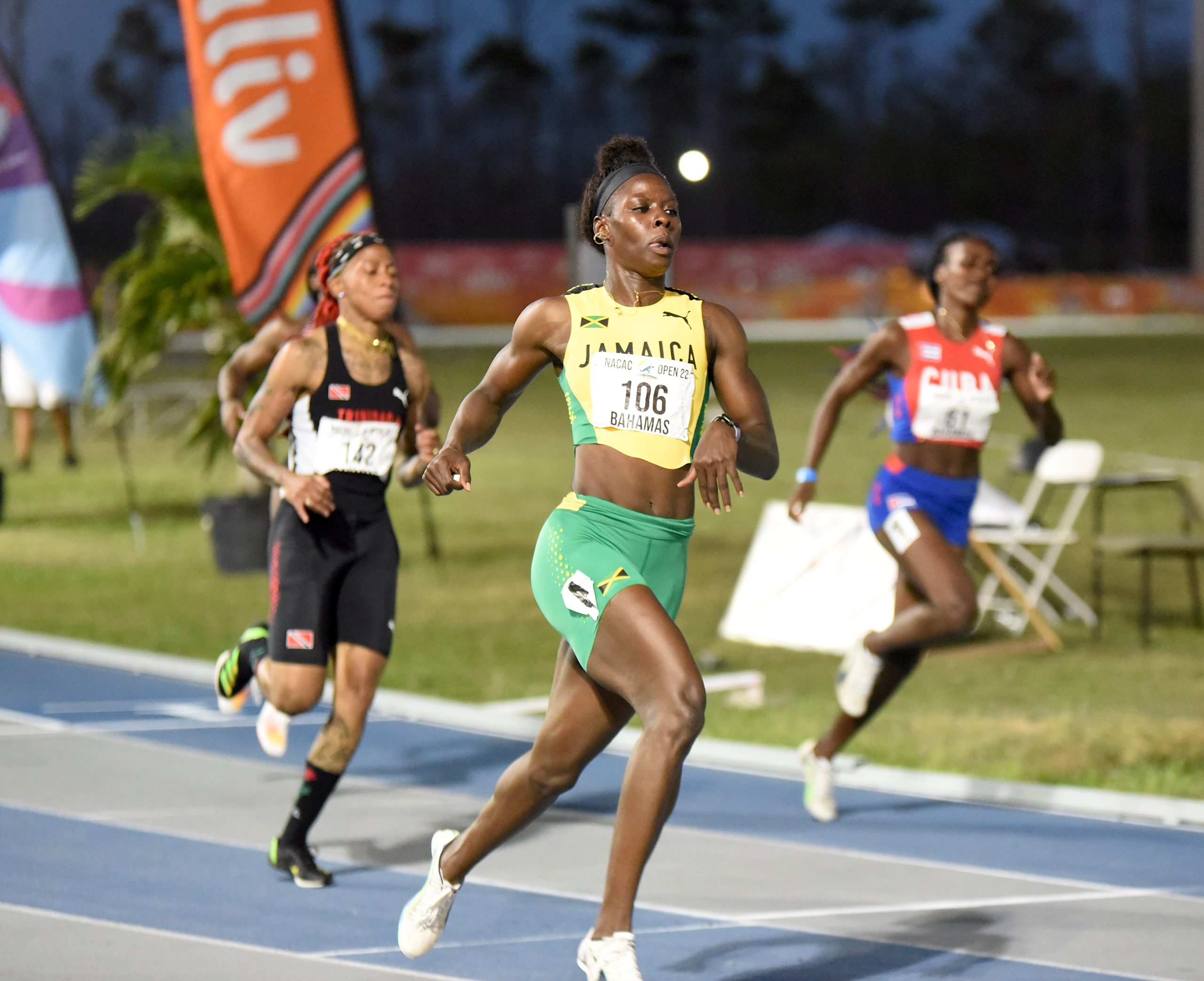 Shericka Jackson wins the women's 100m in a championship record 10.83 at the NACAC Open Championships in Freeport, Grand Bahamas