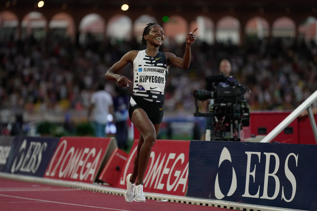Kenya's Faith Kipyegon wows the world, crossing the line with fingers pointing after an astonishing performance at the Monaco Diamond League.