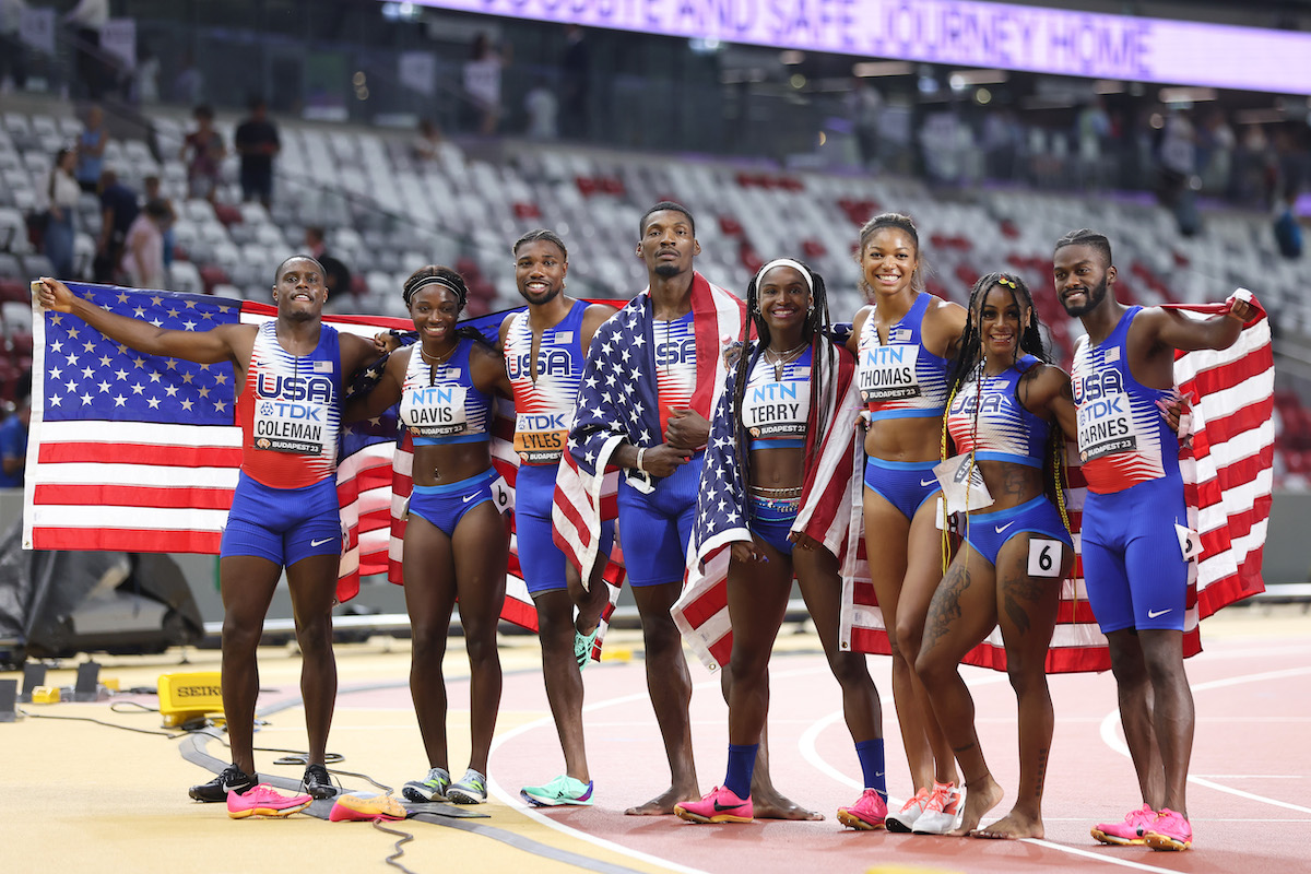 (L to R) Christian Coleman, Tamari Davis, Noah Lyles, Fred Kerley, Twanisha Terry, Gabrielle Thomas, Sha'Carri Richardson and Brandon Carnes of Team United States celebrate after winning the Men's 4x100m Relay Final and Women's 4x100m Relay Final during day eight of the World Athletics Championships Budapest 2023 at National Athletics Centre on August 26, 2023 in Budapest, Hungary.