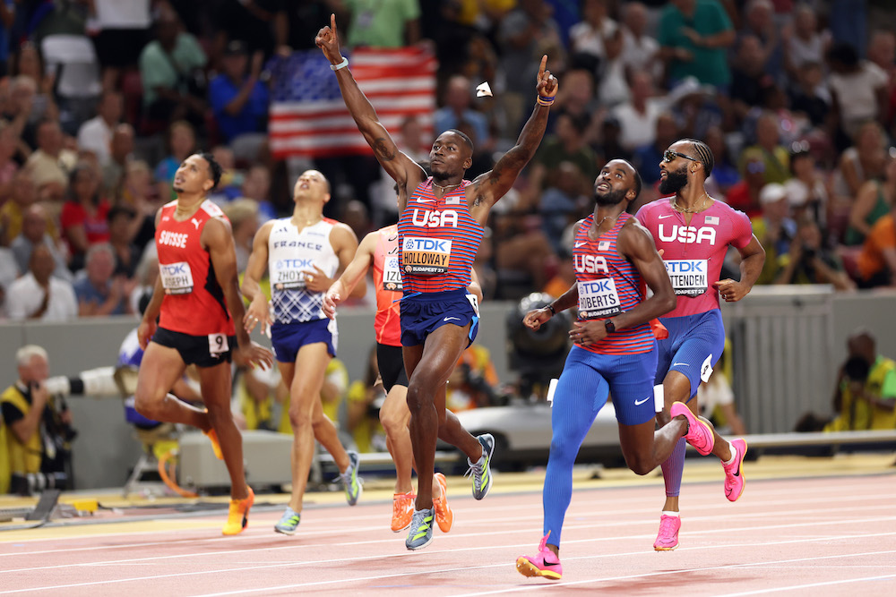 Grant Holloway of Team United States celebrates winning gold in the Men's 110m Hurdles Final during day three of the World Athletics Championships Budapest 23