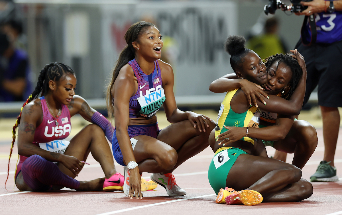 Prefontaine Classic - Sha'Carri Richardson of Team United States, Gabrielle Thomas of Team United States, Shericka Jackson of Team Jamaica and Marie-Josee Ta Lou of Team Ivory Coast react after the Women's 200m Final during day seven of the World Athletics Championships Budapest 23 at National Athletics Centre on August 25, 2023 in Budapest, Hungary. (Photo by Christian Petersen/Getty Images for World Athletics)