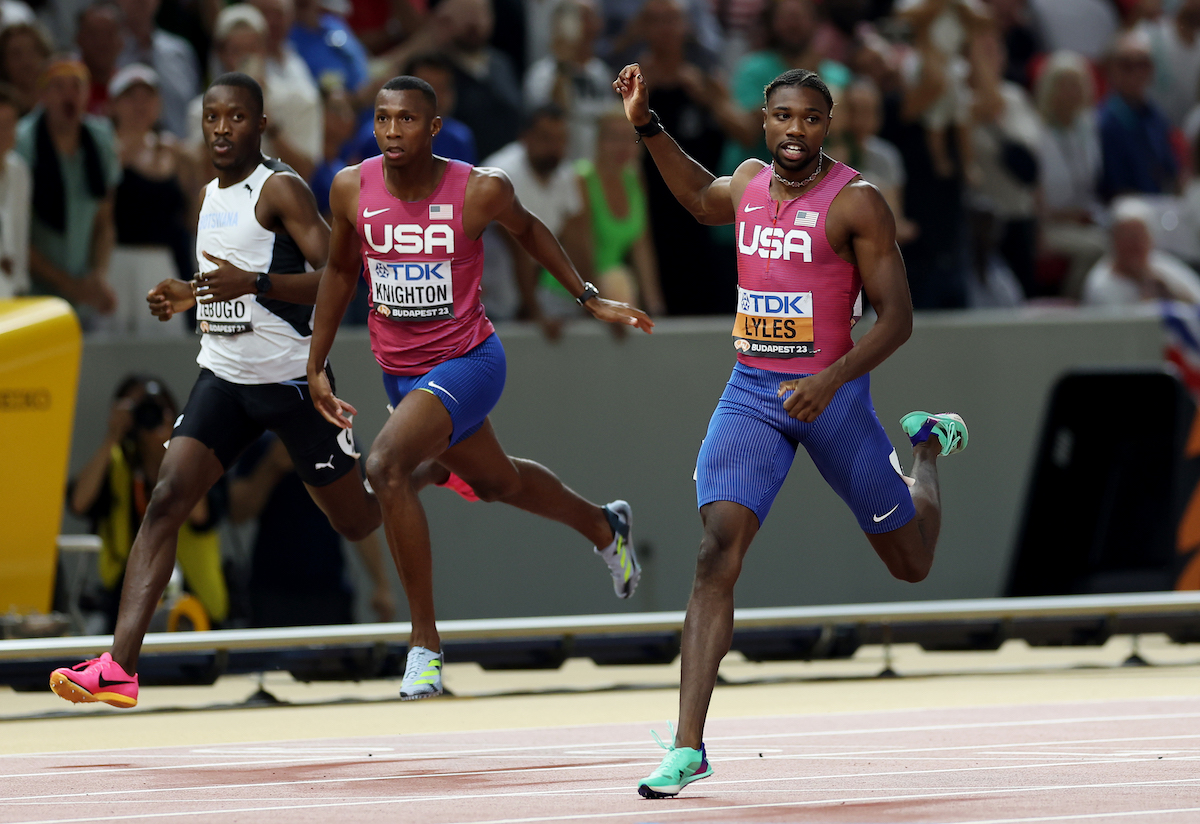 Noah Lyles of Team United States wins the Men's 200m Final during day seven of the World Athletics Championships Budapest 2023 at National Athletics Centre on August 25, 2023 in Budapest, Hungary. (Photo by Christian Petersen/Getty Images for World Athletics)