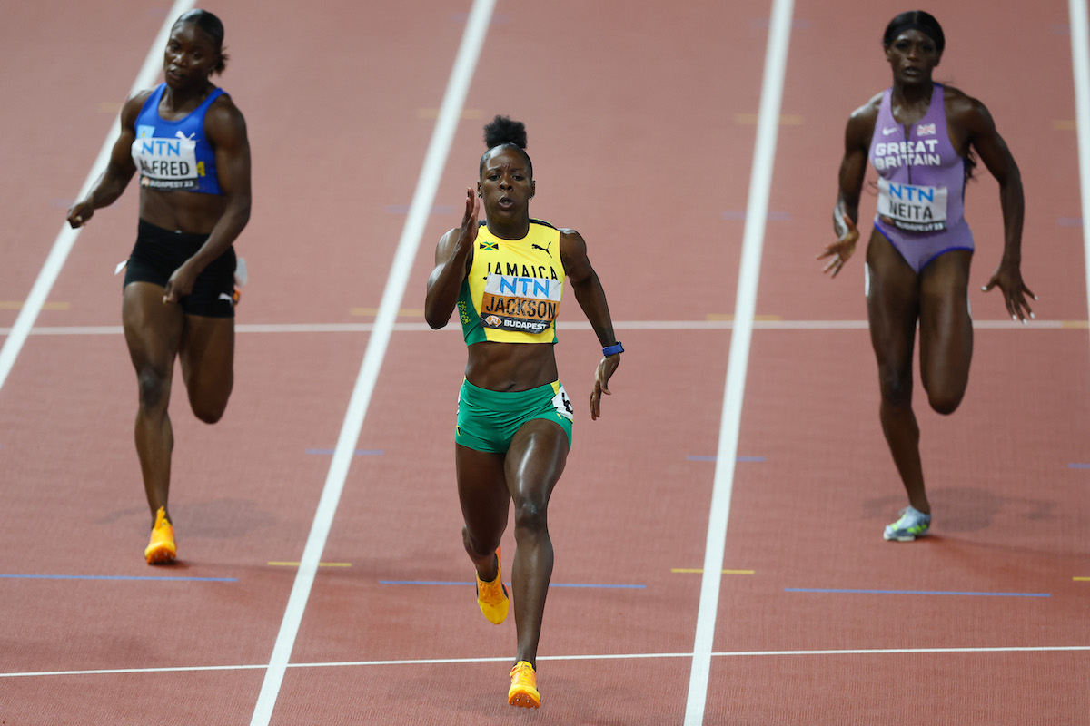 Shericka Jackson of Team Jamaica wins the Women's 200m Final during day seven of the World Athletics Championships