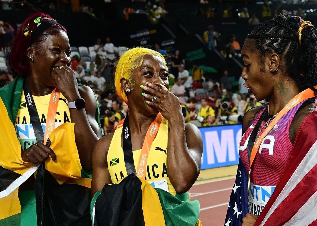 Sha'Carri Richardson (right), Shelly-Ann Fraser-Pryce (centre) and Shericka Jackson after the women's 100m final at the Budapest 23 World Athletics Championships on Aug 21