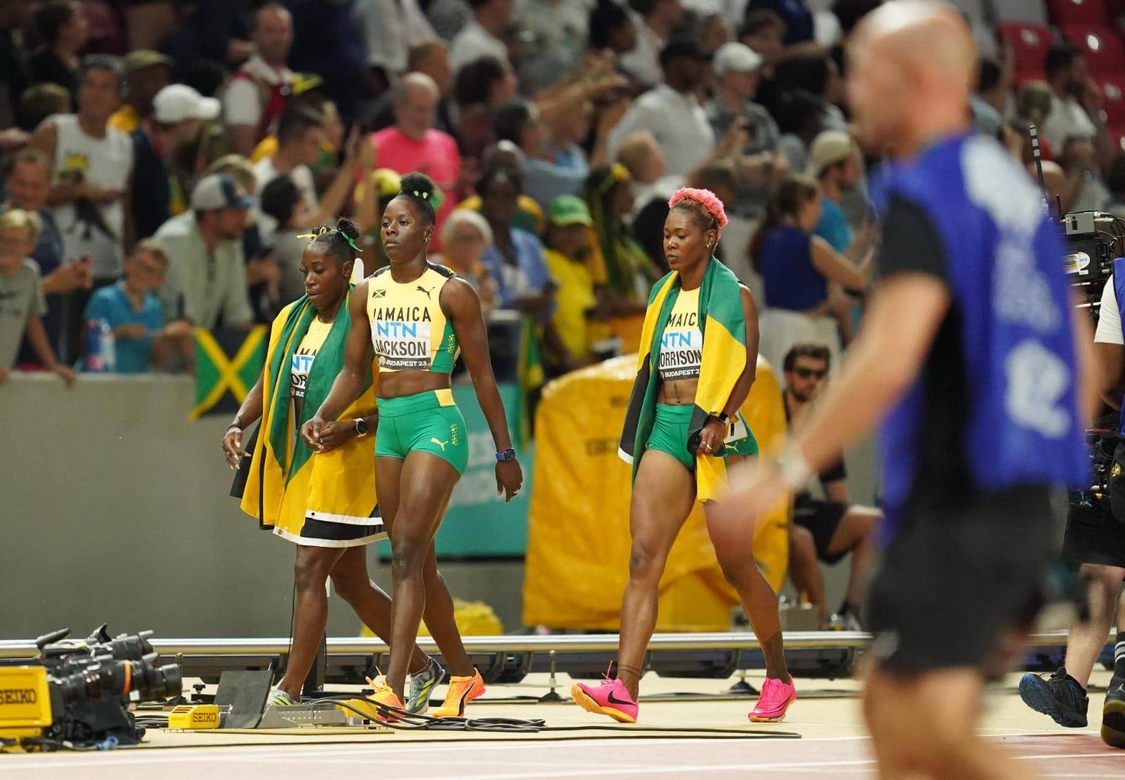 Jamaica women's 4x100m team after winning silver at the Budapest 2023 World Athletics