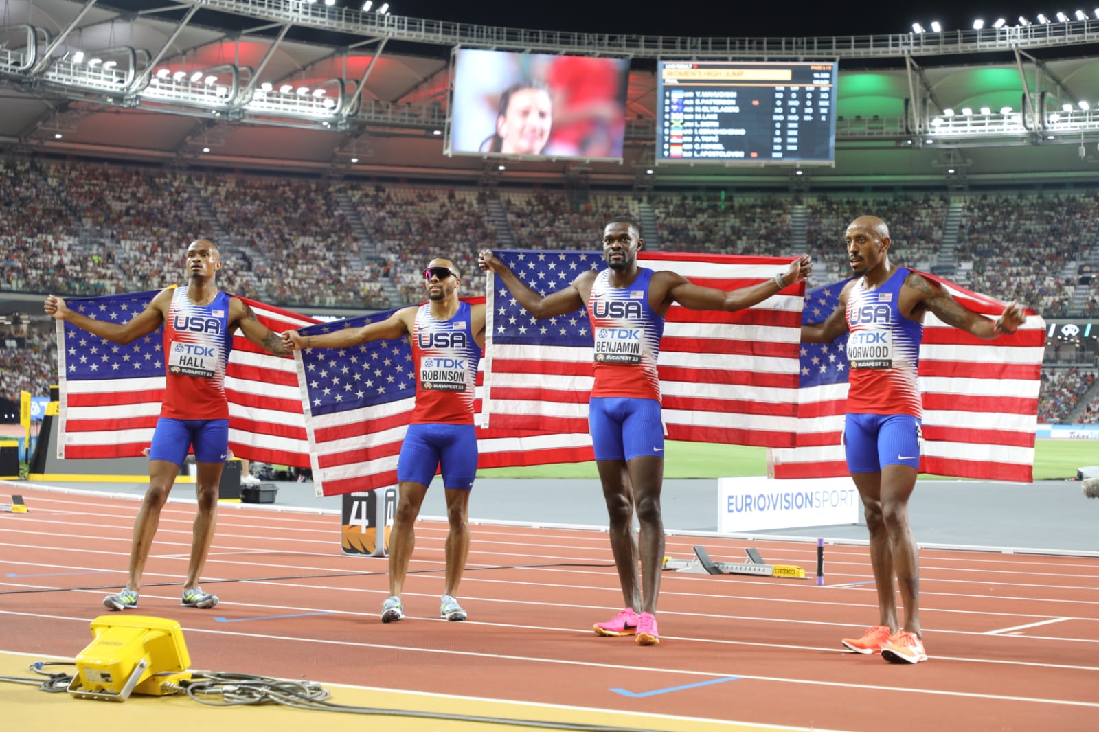 Quincy Hall, Vernon Norwood, Justin Robinson, and Rai Benjamin, in that sequence, ensured the USA's 4x400m World Championship streak remained unbroken at the Budapest 2023 World Athletics Championships