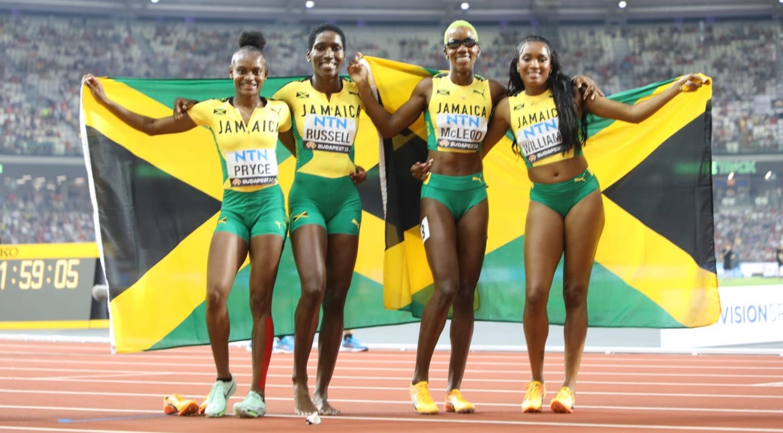 Jamaica women's 4x400m team after finishing 2nd in the Budapest 2023 World Athletics Championships